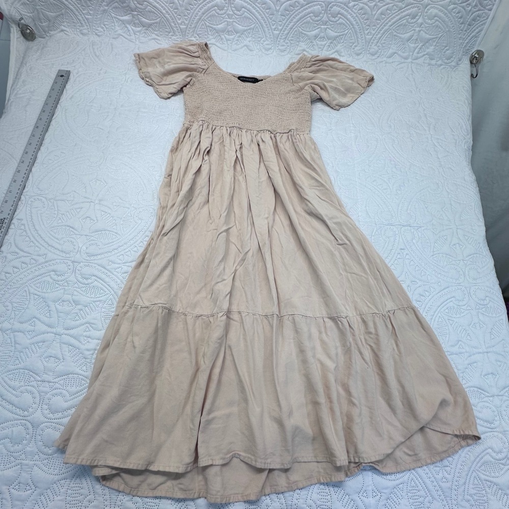 Merokeety Smocked Midi Dress Tan Beige Puff Sleeve Tiered Rayon Pockets Medium
